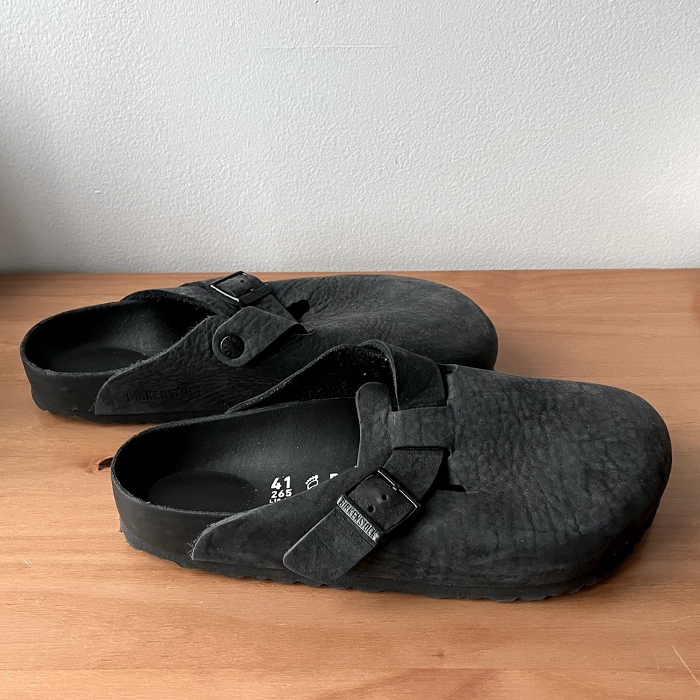 Birkenstock Boston Clogs, All Black, Leather, Worn Once, EU 41, US 10.5/11